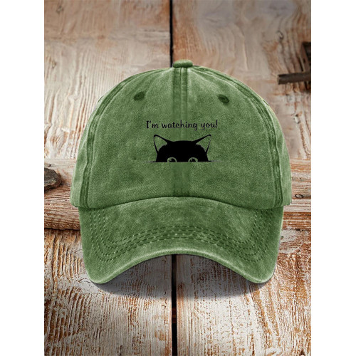 I'm Watching You! Black Cat Print Washed Hat