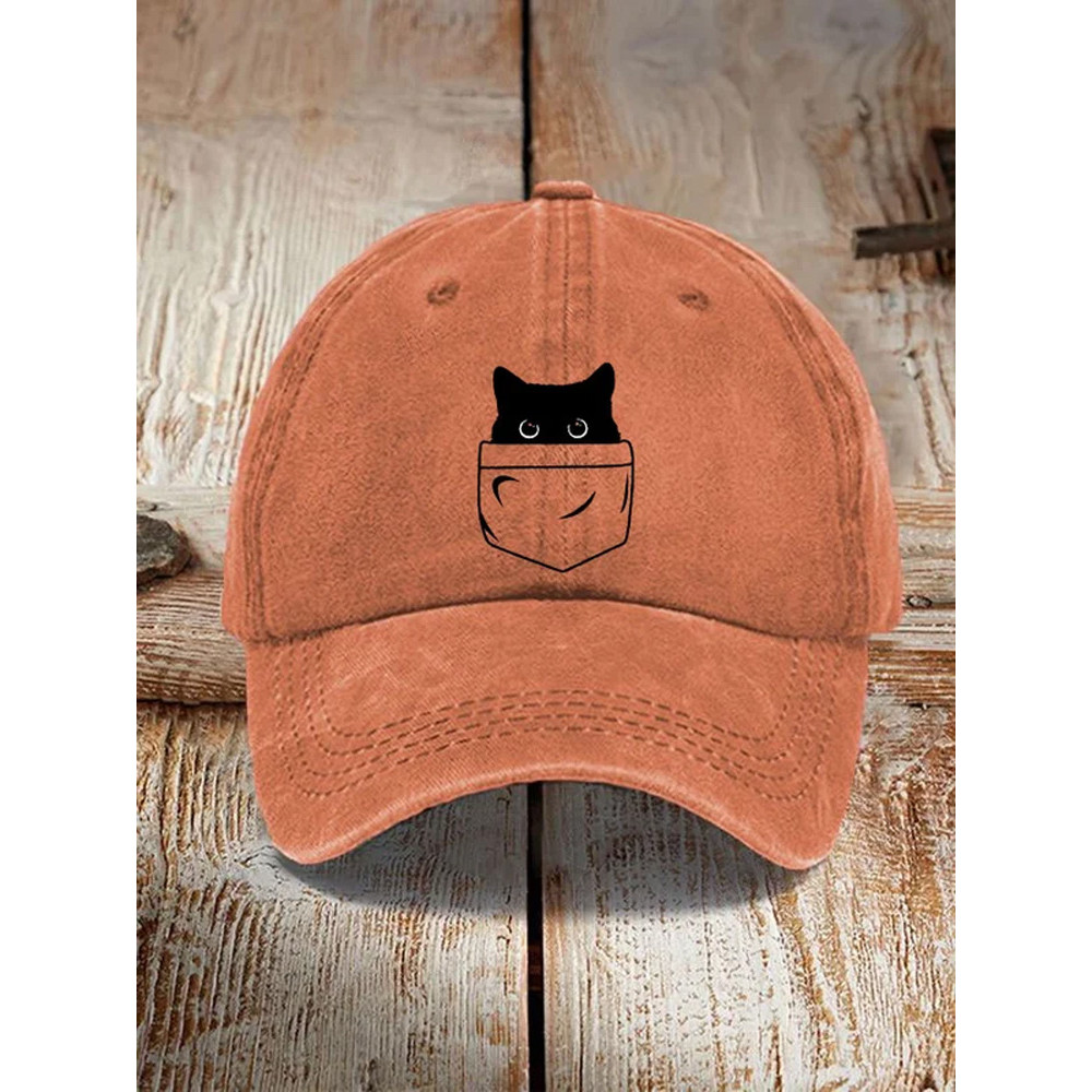 Japanese Art Black Cat Print Washed Hat