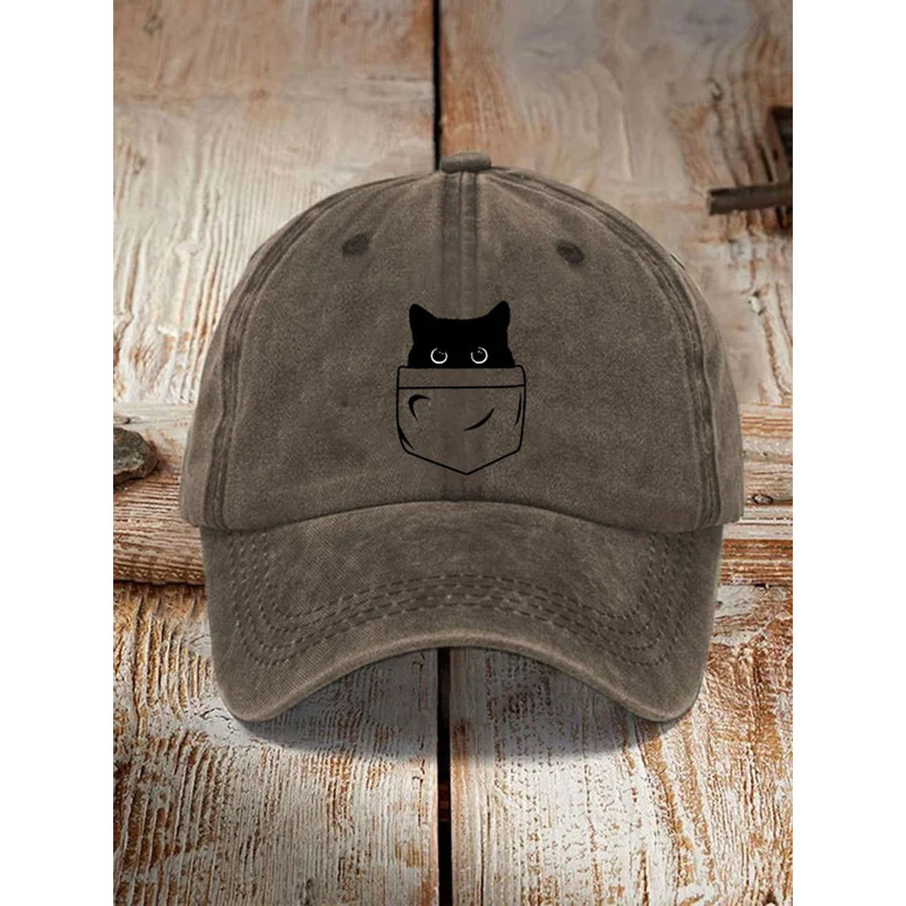 Japanese Art Black Cat Print Washed Hat