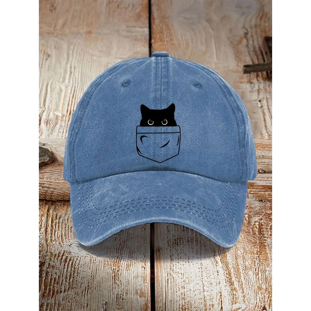 Japanese Art Black Cat Print Washed Hat