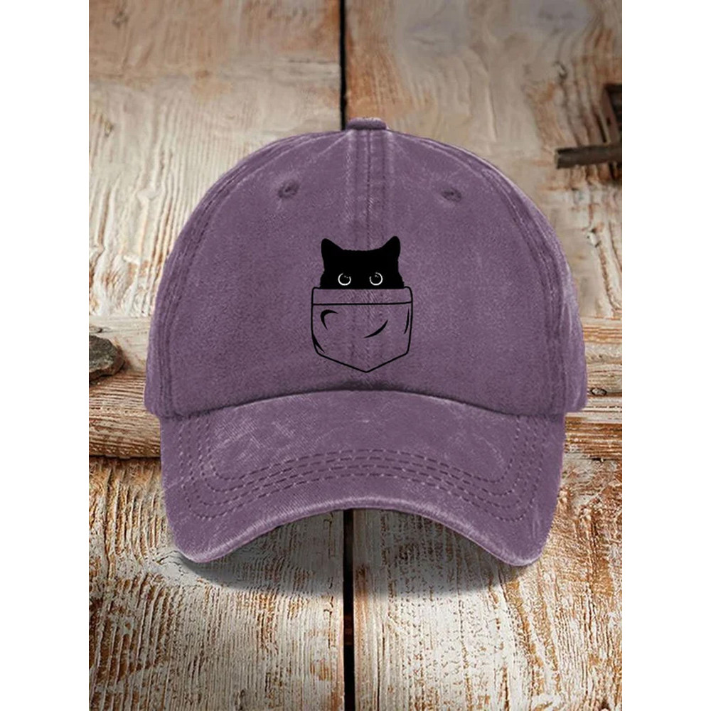 Japanese Art Black Cat Print Washed Hat