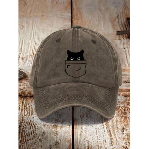 Japanese Art Black Cat Print Washed Hat