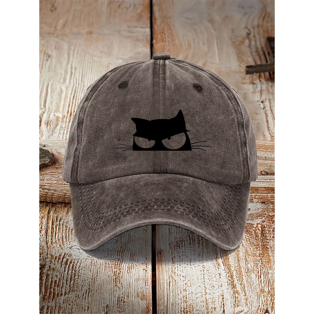Japanese Art Black Cat Print Washed Hat