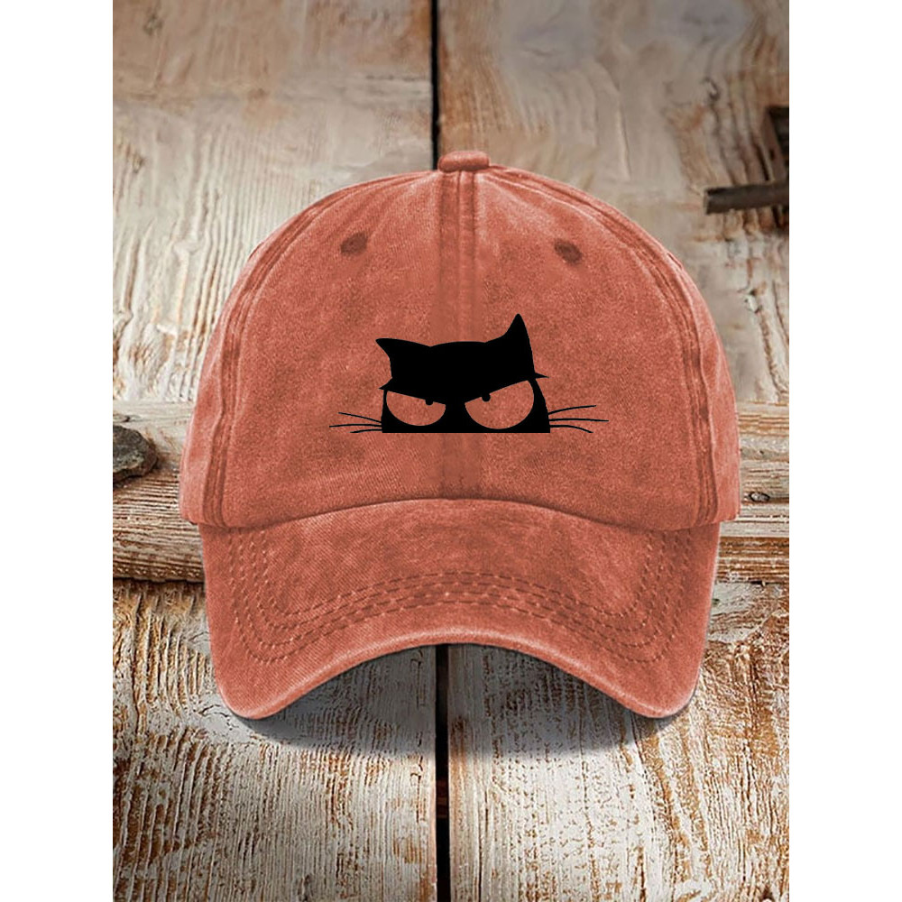 Japanese Art Black Cat Print Washed Hat