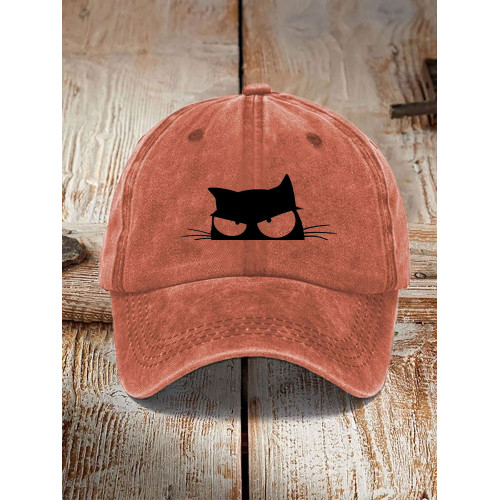 Japanese Art Black Cat Print Washed Hat