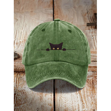 Japanese Art Black Cat Print Washed Hat