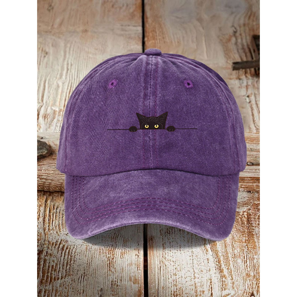 Japanese Art Black Cat Print Washed Hat