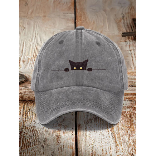 Japanese Art Black Cat Print Washed Hat
