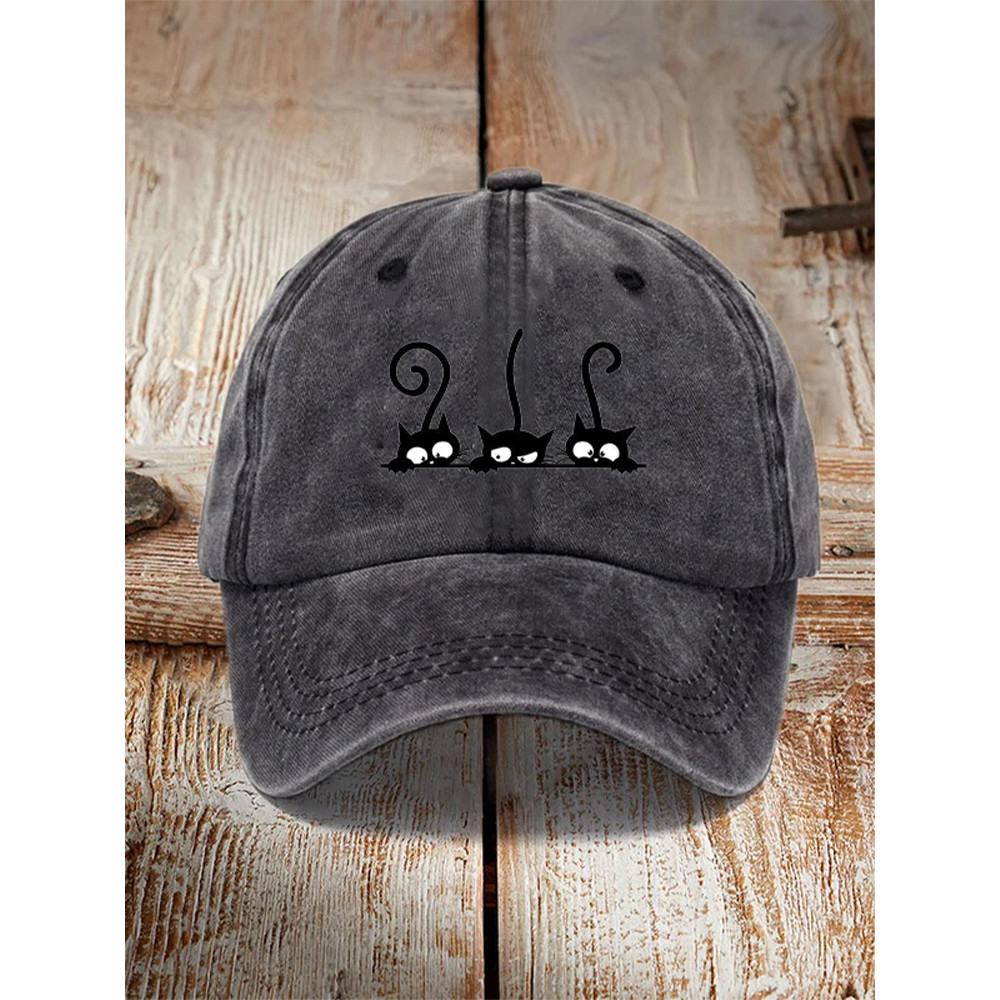 Japanese Art Black Cat Print Washed Hat