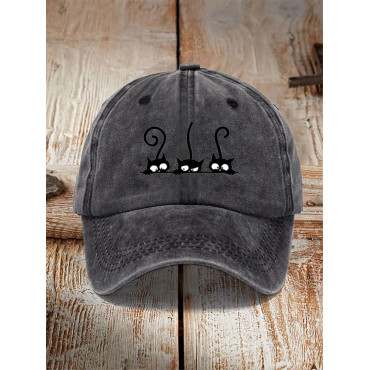 Japanese Art Black Cat Print Washed Hat
