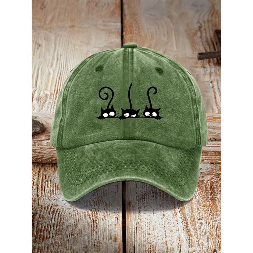 Japanese Art Black Cat Print Washed Hat