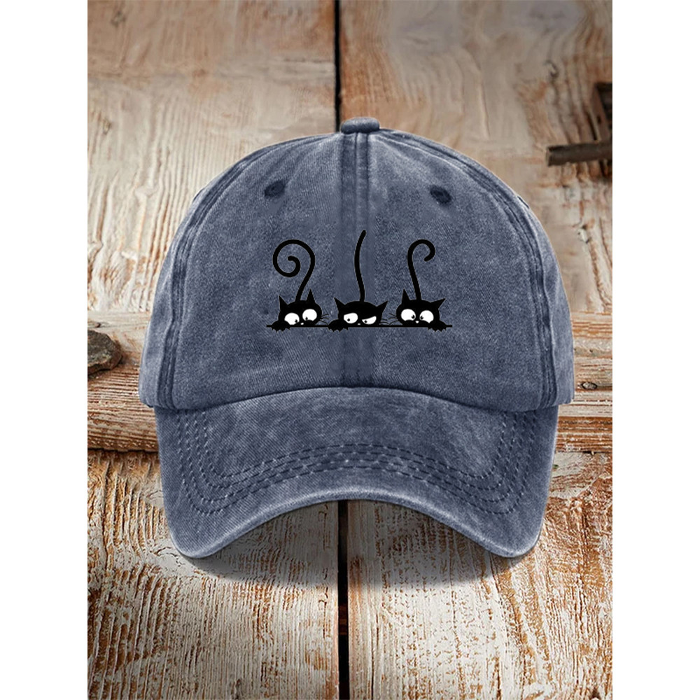 Japanese Art Black Cat Print Washed Hat