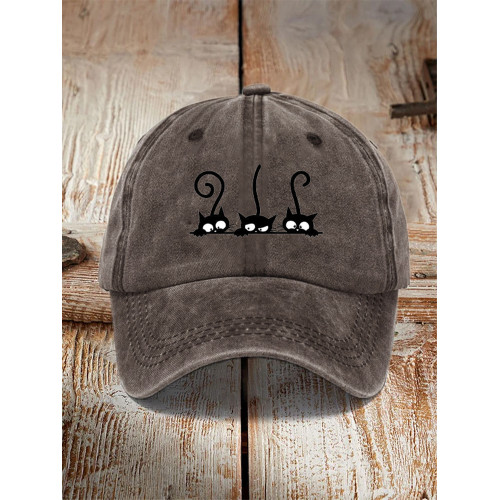 Japanese Art Black Cat Print Washed Hat