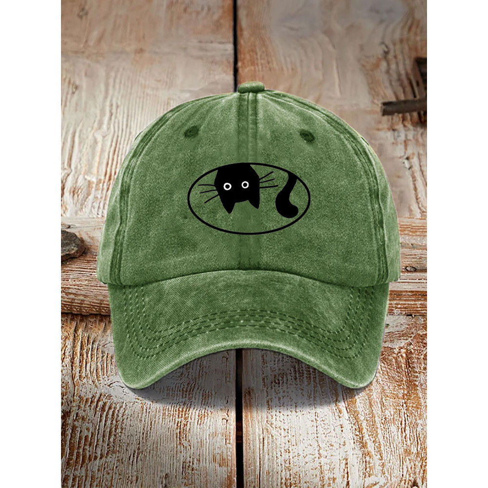Japanese Art Black Cat Print Washed Hat