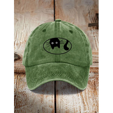 Japanese Art Black Cat Print Washed Hat