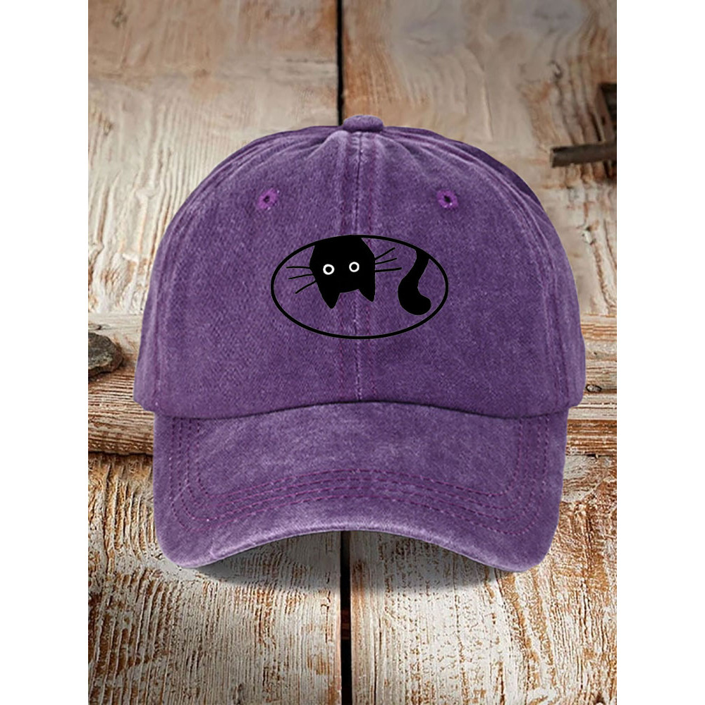Japanese Art Black Cat Print Washed Hat