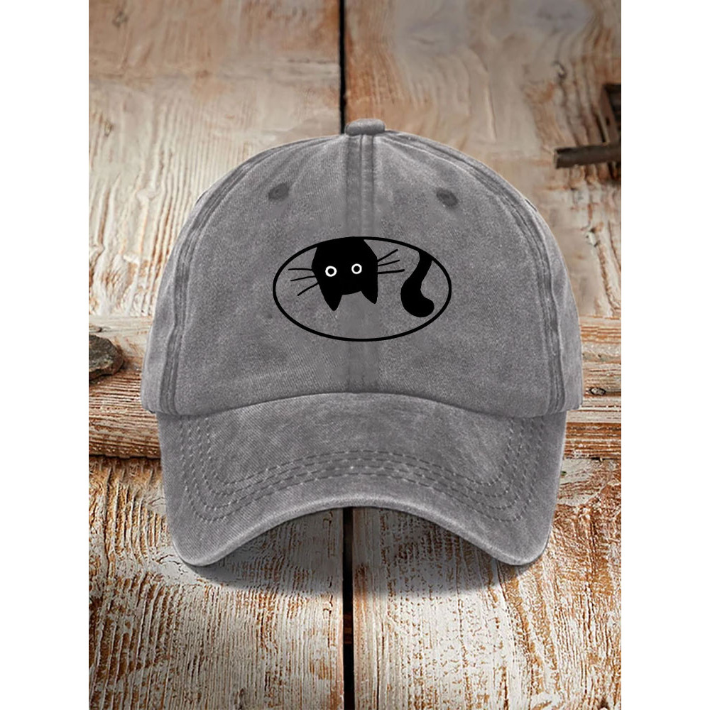 Japanese Art Black Cat Print Washed Hat