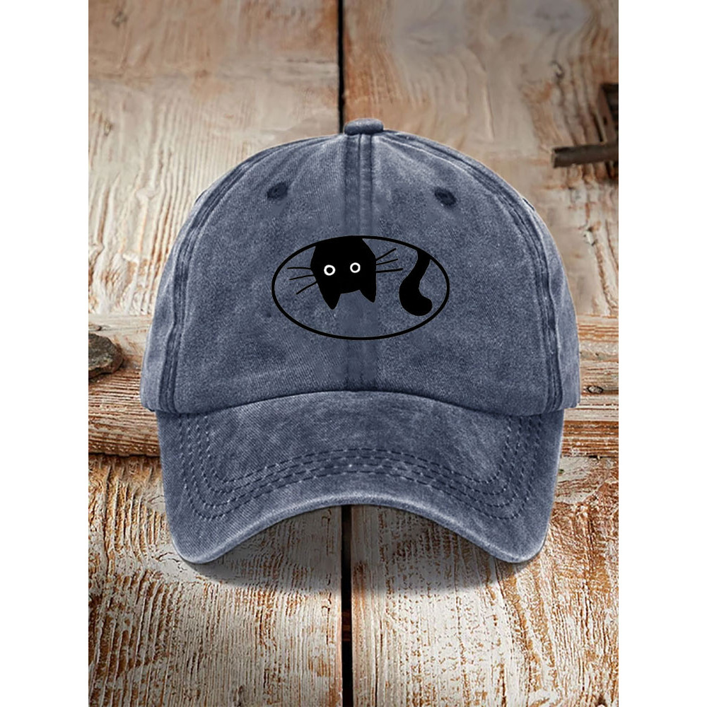 Japanese Art Black Cat Print Washed Hat