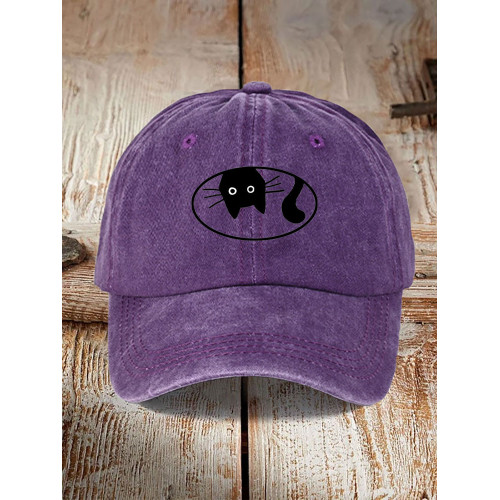 Japanese Art Black Cat Print Washed Hat