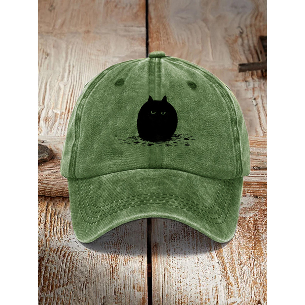 Japanese Art Black Cat Print Washed Hat