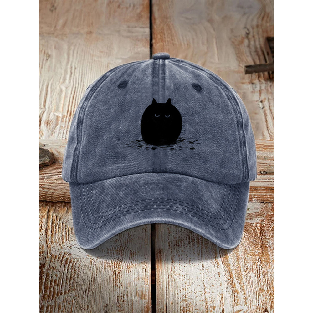 Japanese Art Black Cat Print Washed Hat