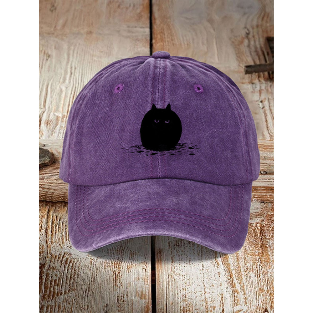 Japanese Art Black Cat Print Washed Hat