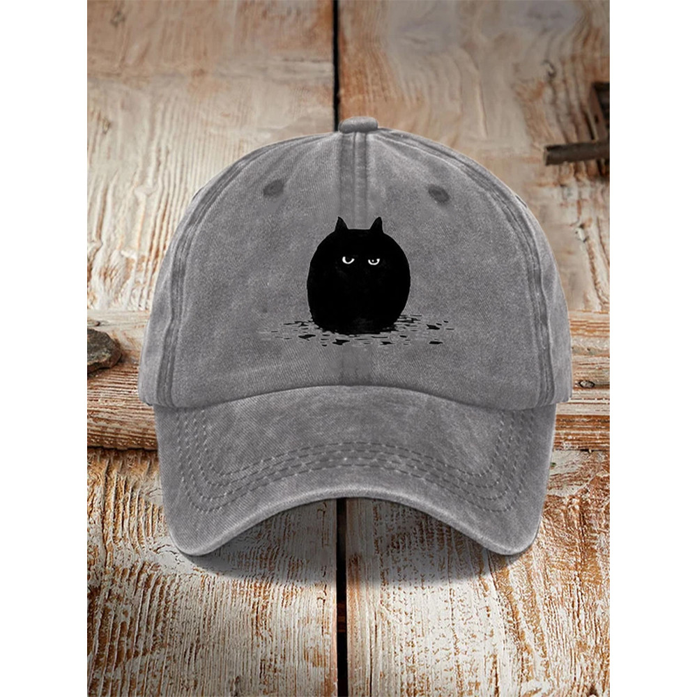Japanese Art Black Cat Print Washed Hat