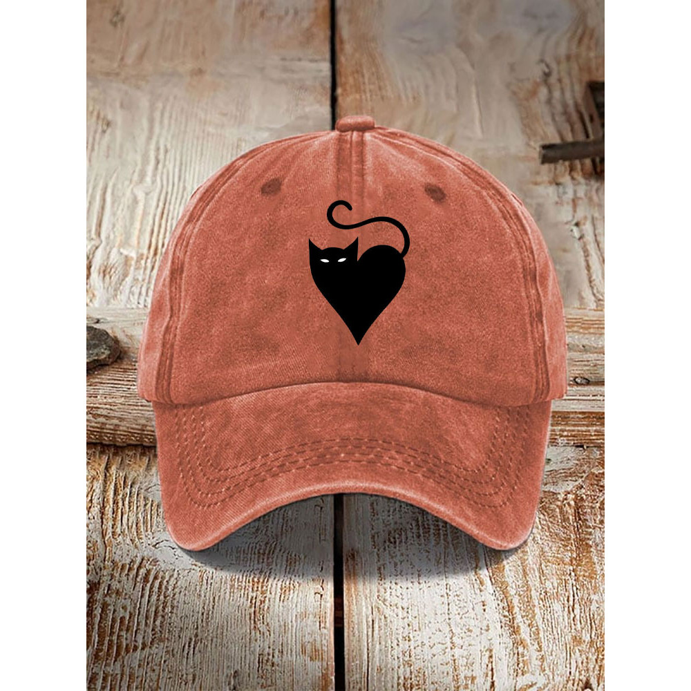 Japanese Art Black Cat Print Washed Hat