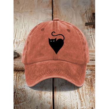 Japanese Art Black Cat Print Washed Hat