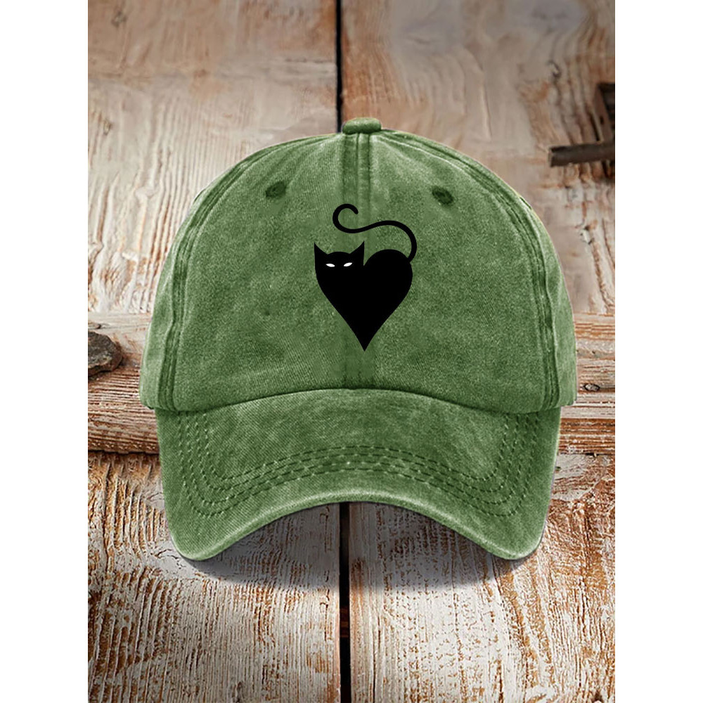 Japanese Art Black Cat Print Washed Hat