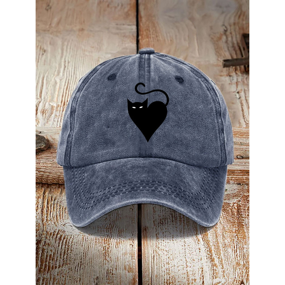 Japanese Art Black Cat Print Washed Hat