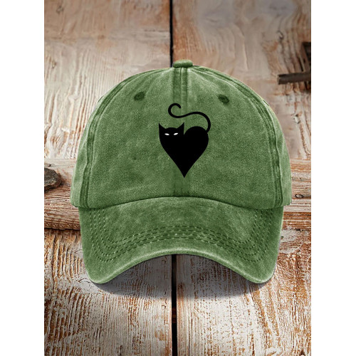 Japanese Art Black Cat Print Washed Hat