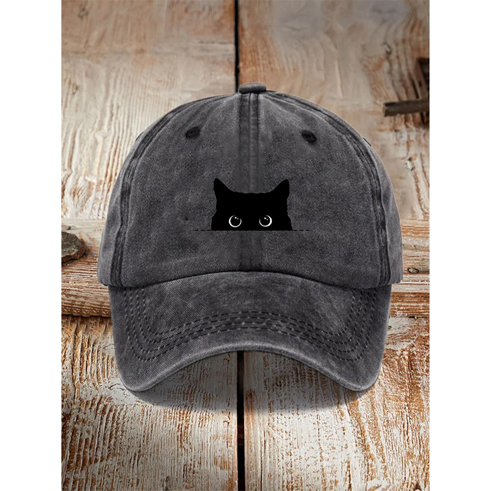 Japanese Art Black Cat Print Washed Hat
