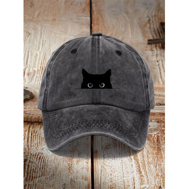 Japanese Art Black Cat Print Washed Hat