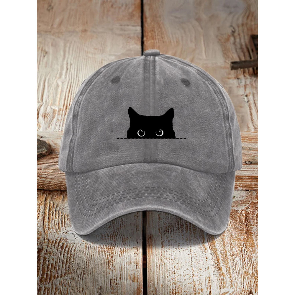 Japanese Art Black Cat Print Washed Hat