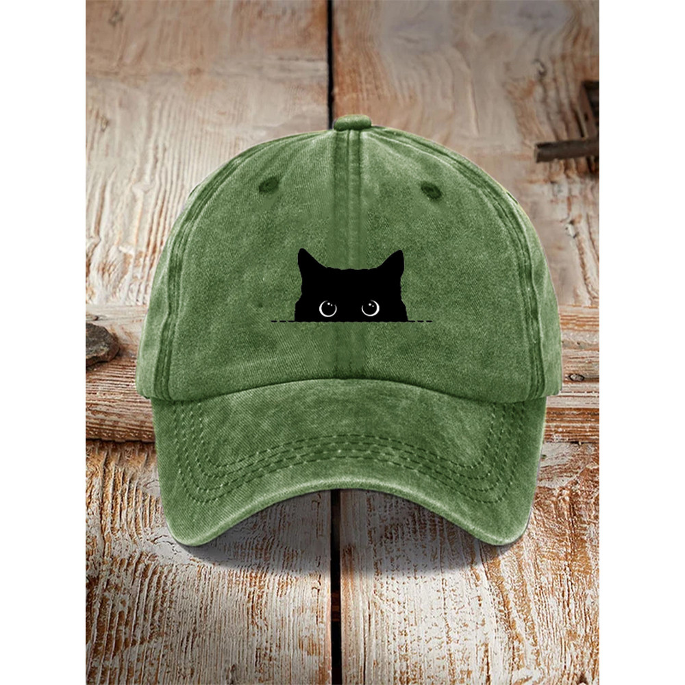 Japanese Art Black Cat Print Washed Hat