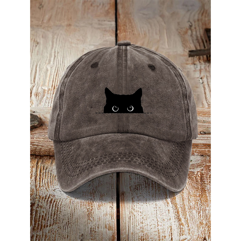 Japanese Art Black Cat Print Washed Hat