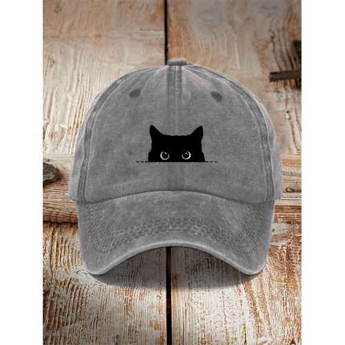 Japanese Art Black Cat Print Washed Hat