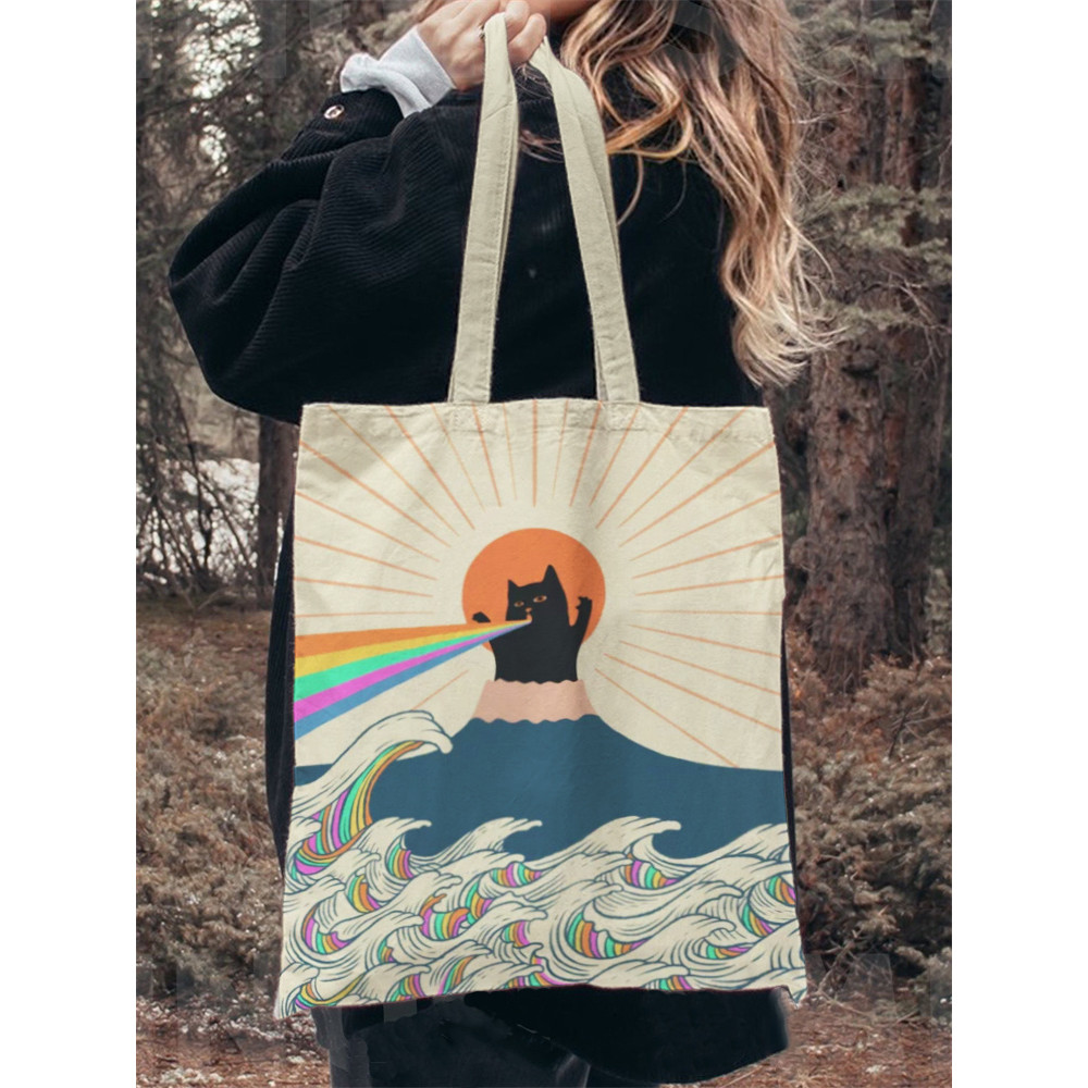 Japanese Art Cat Print Washed Canvas Bag