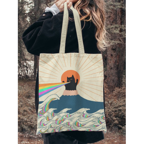 Japanese Art Cat Print Washed Canvas Bag