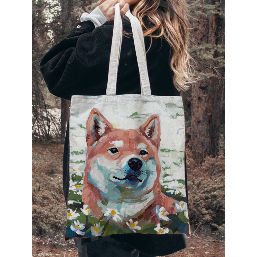 Japanese Art Dog Print Washed Canvas Bag