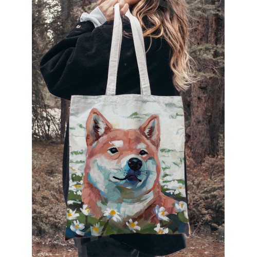Japanese Art Dog Print Washed Canvas Bag