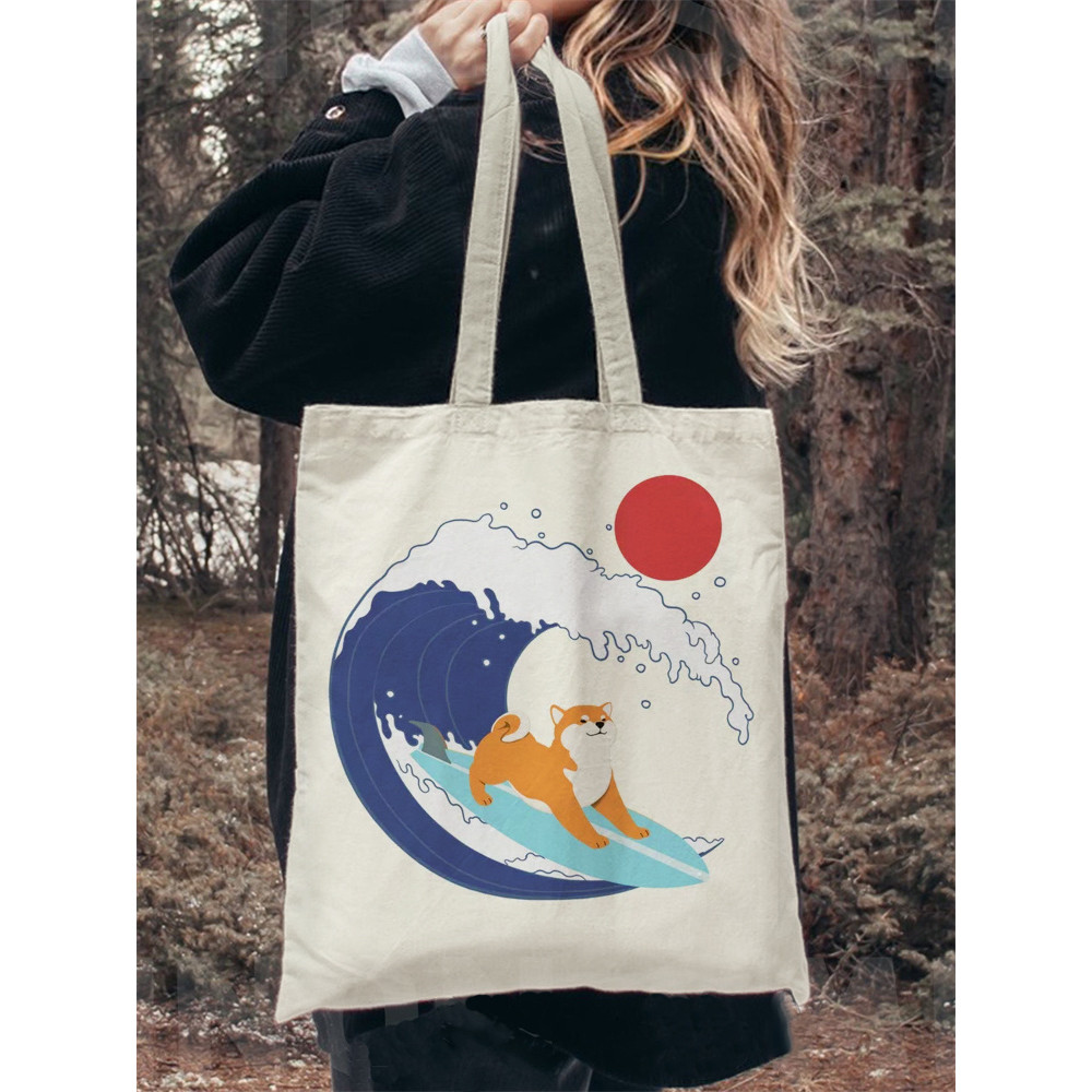Japanese Art Dog Print Washed Canvas Bag