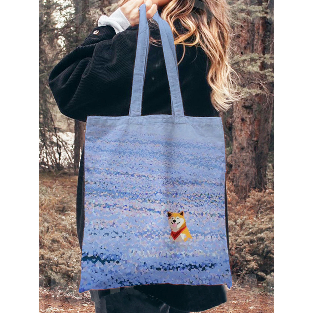 Japanese Art Dog Print Washed Canvas Bag