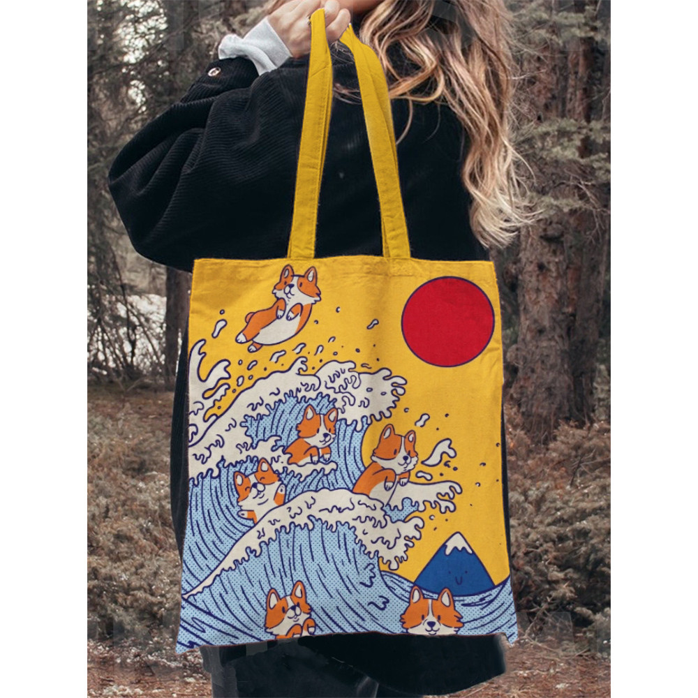 Japanese Art Dog Print Washed Canvas Bag