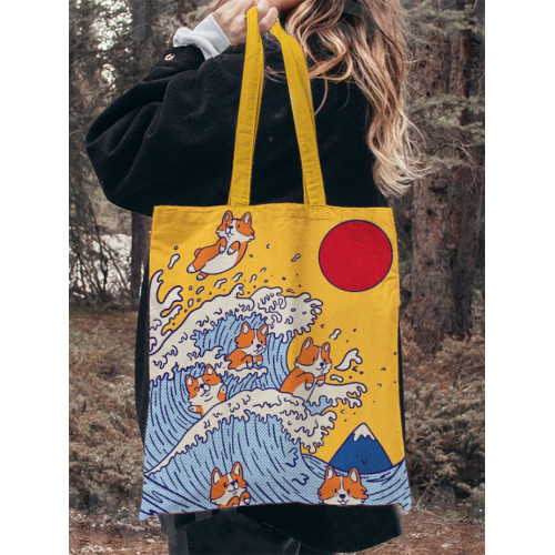 Japanese Art Dog Print Washed Canvas Bag