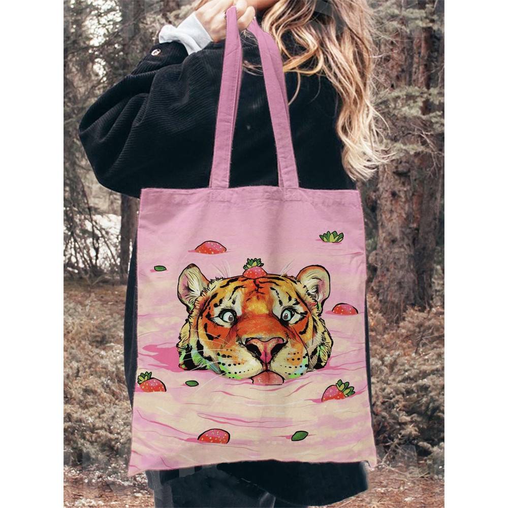 Japanese Art Pink Strawberry Tiger Print Canvas Bag