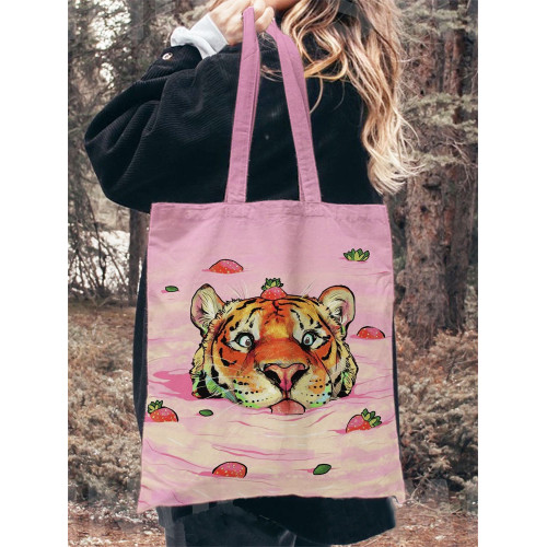 Japanese Art Pink Strawberry Tiger Print Canvas Bag
