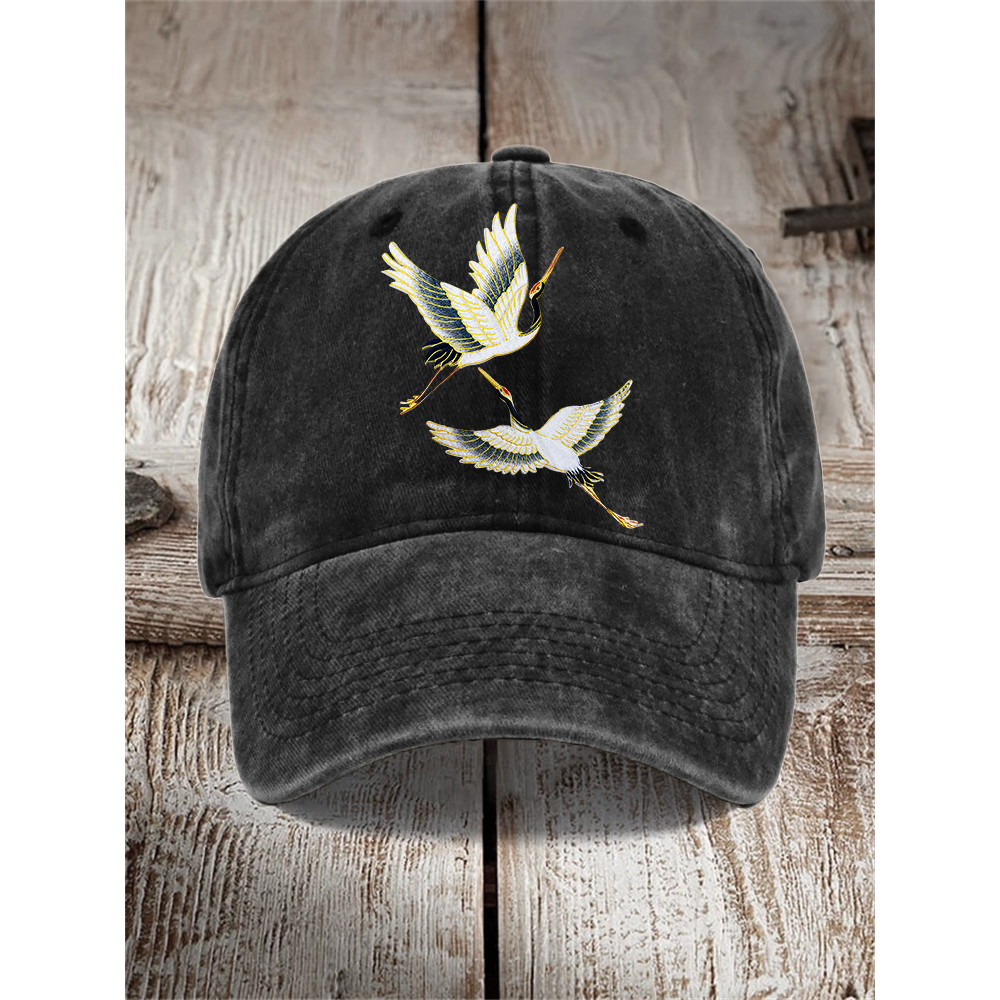 Japanese Flying Cranes Embroidered Washed Cap