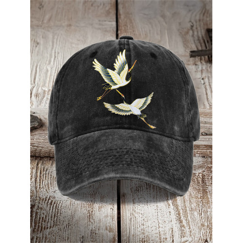 Japanese Flying Cranes Embroidered Washed Cap